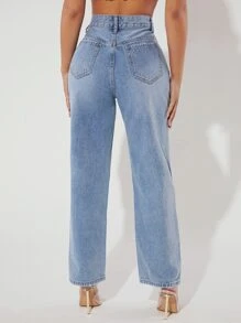 SHEIN PETITE Ripped Straight Leg Jeans - Light Wash - View 2