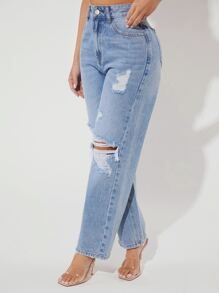 SHEIN PETITE Ripped Straight Leg Jeans - Light Wash - View 3