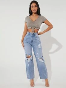 SHEIN PETITE Ripped Straight Leg Jeans - Light Wash - View 4