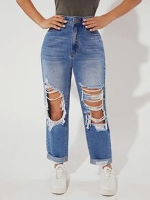 SHEIN PETITE Jeans de pierna recta de talle alto desgarro - Azul lavado medio - Ver 1