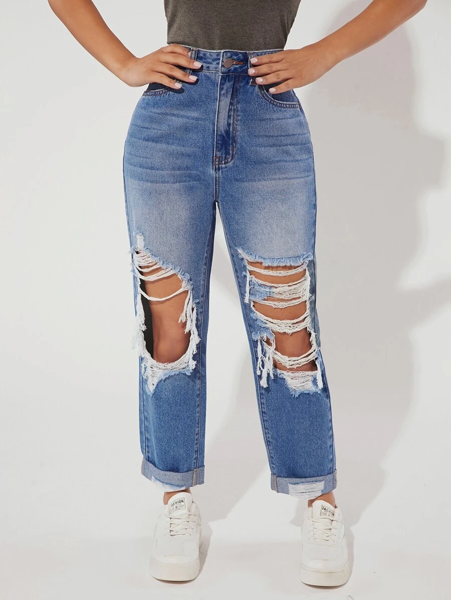 SHEIN PETITE Jeans de pierna recta de talle alto desgarro - Azul lavado medio - Ver 1
