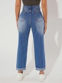 SHEIN PETITE Jeans de pierna recta de talle alto desgarro - Azul lavado medio - Ver 2