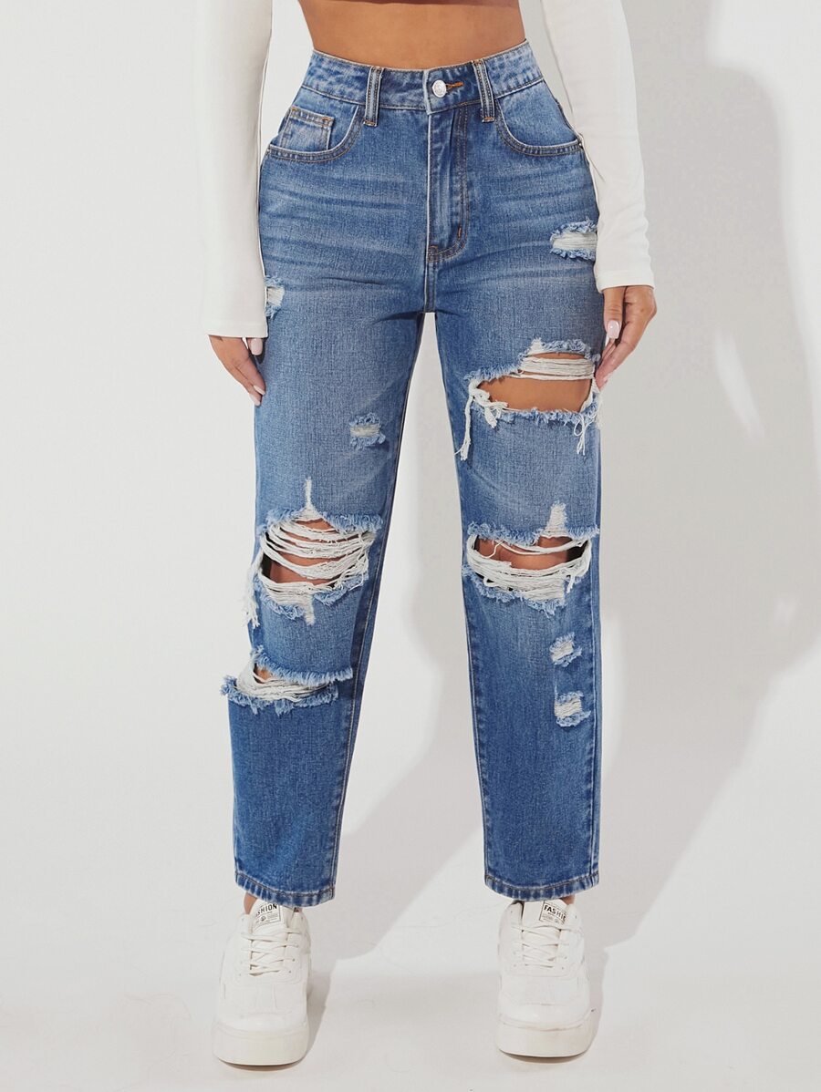 SHEIN PETITE Jeans ajustados mom desgarro - Azul lavado medio - Ver 1