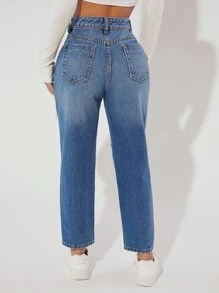 SHEIN PETITE Jeans ajustados mom desgarro - Azul lavado medio - Ver 2