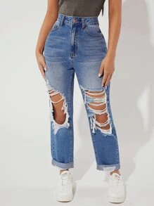 SHEIN PETITE Jeans de pierna recta de talle alto desgarro - Azul lavado medio - Ver 4