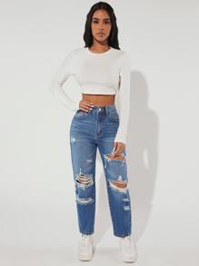 SHEIN PETITE Jeans ajustados mom desgarro - Azul lavado medio - Ver 3