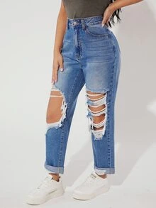 SHEIN PETITE Jeans de pierna recta de talle alto desgarro - Azul lavado medio - Ver 5