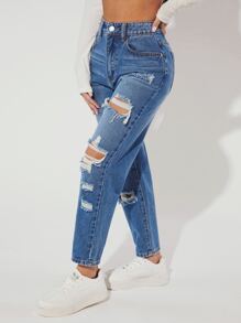 SHEIN PETITE Jeans ajustados mom desgarro - Azul lavado medio - Ver 4
