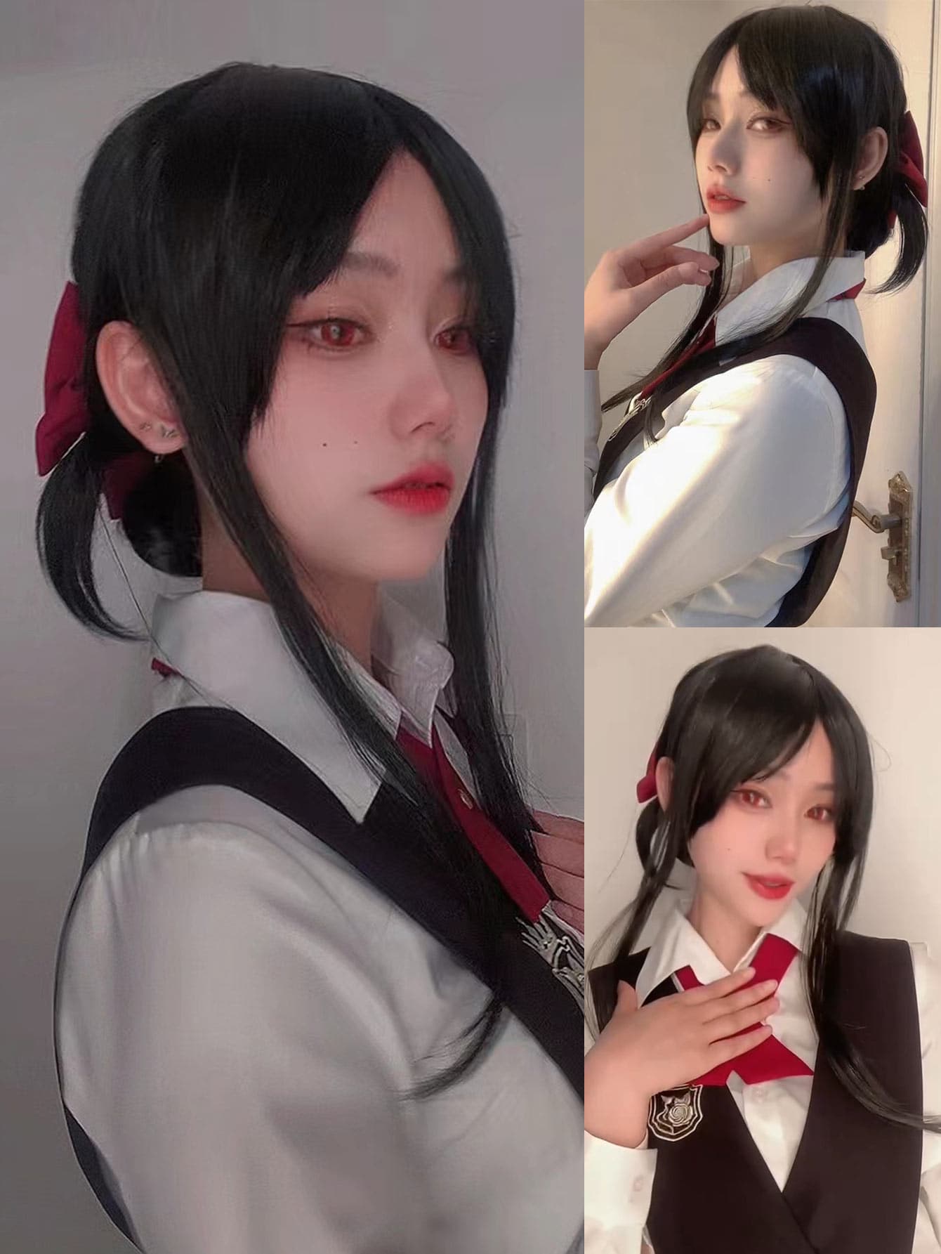 合成頭髮 14 英寸中長黑色馬尾辮角色扮演假髮帶劉海女式女孩裝扮假髮化裝萬聖節服裝派對道具無膠耐熱纖維頭髮高密度自然外觀動漫漫畫卡通服裝角色扮演假髮節日禮物無頭飾和 1入組假髮帽