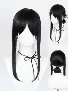 合成頭髮 14 英寸中長黑色馬尾辮角色扮演假髮帶劉海女式女孩裝扮假髮化裝萬聖節服裝派對道具無膠耐熱纖維頭髮高密度自然外觀動漫漫畫卡通服裝角色扮演假髮節日禮物無頭飾和 1入組假髮帽