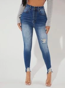 SHEIN PETITE Ripped Raw Hem Skinny Jeans - Medium Wash - View 1