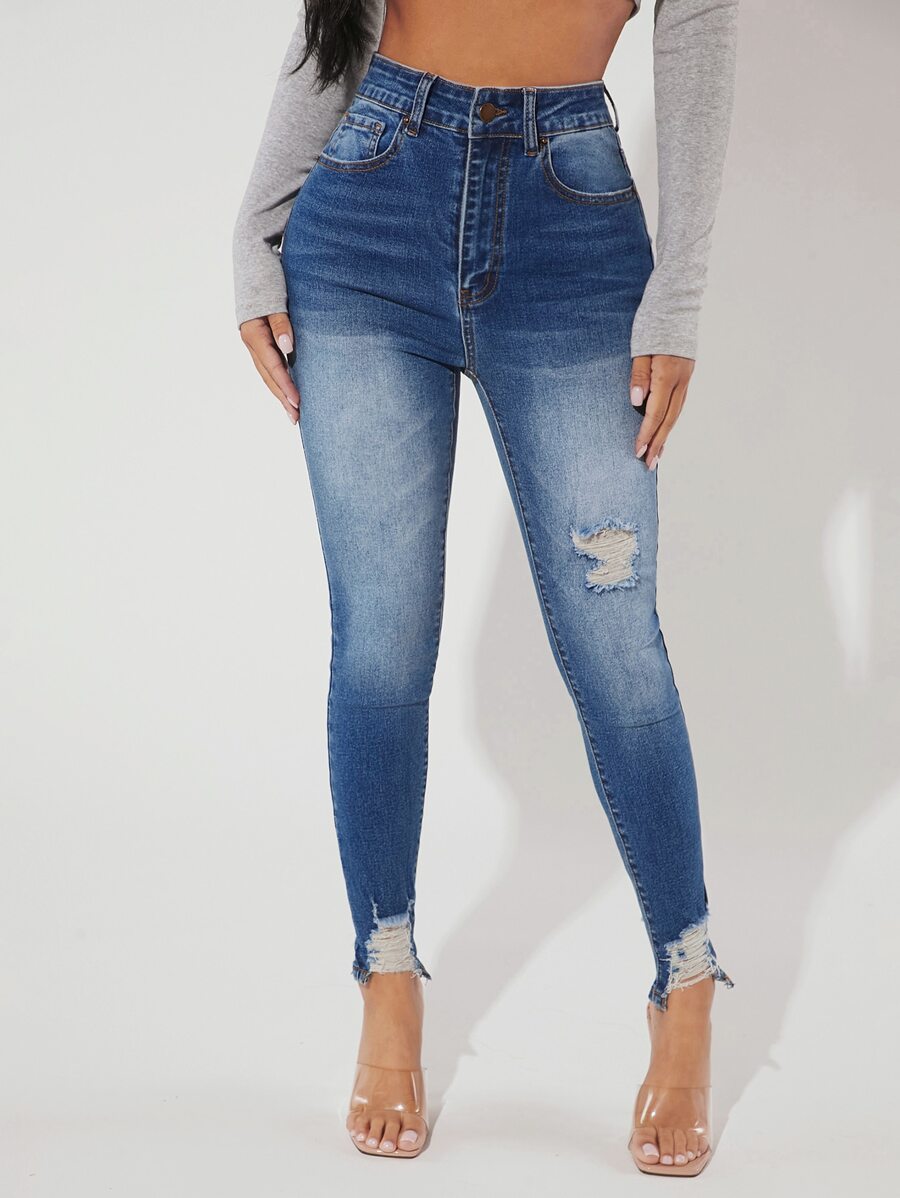SHEIN PETITE Ripped Raw Hem Skinny Jeans - Medium Wash - View 1