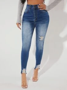 SHEIN PETITE Ripped Raw Hem Skinny Jeans - Medium Wash - View 3