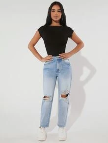 SHEIN PETITE Jeans de pierna recta desgarro - Lavado ligero - Ver 3