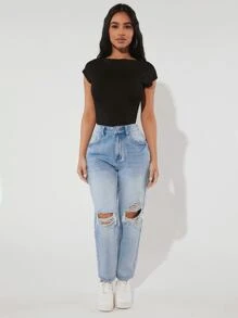 SHEIN PETITE Jeans de pierna recta desgarro - Lavado ligero - Ver 4
