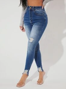 SHEIN PETITE Ripped Raw Hem Skinny Jeans - Medium Wash - View 5