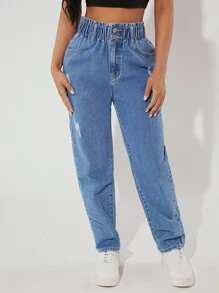 SHEIN PETITE High Waist Ripped Mom Fit Jeans - Medium Wash - View 1