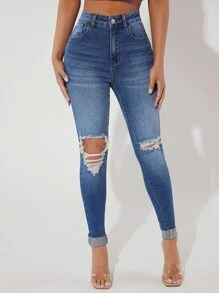 SHEIN PETITE High Waist Ripped Skinny Jeans - Medium Wash - View 1