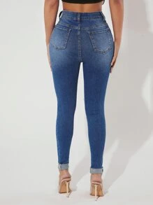 SHEIN PETITE High Waist Ripped Skinny Jeans - Medium Wash - View 2