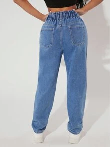 SHEIN PETITE High Waist Ripped Mom Fit Jeans - Medium Wash - View 2