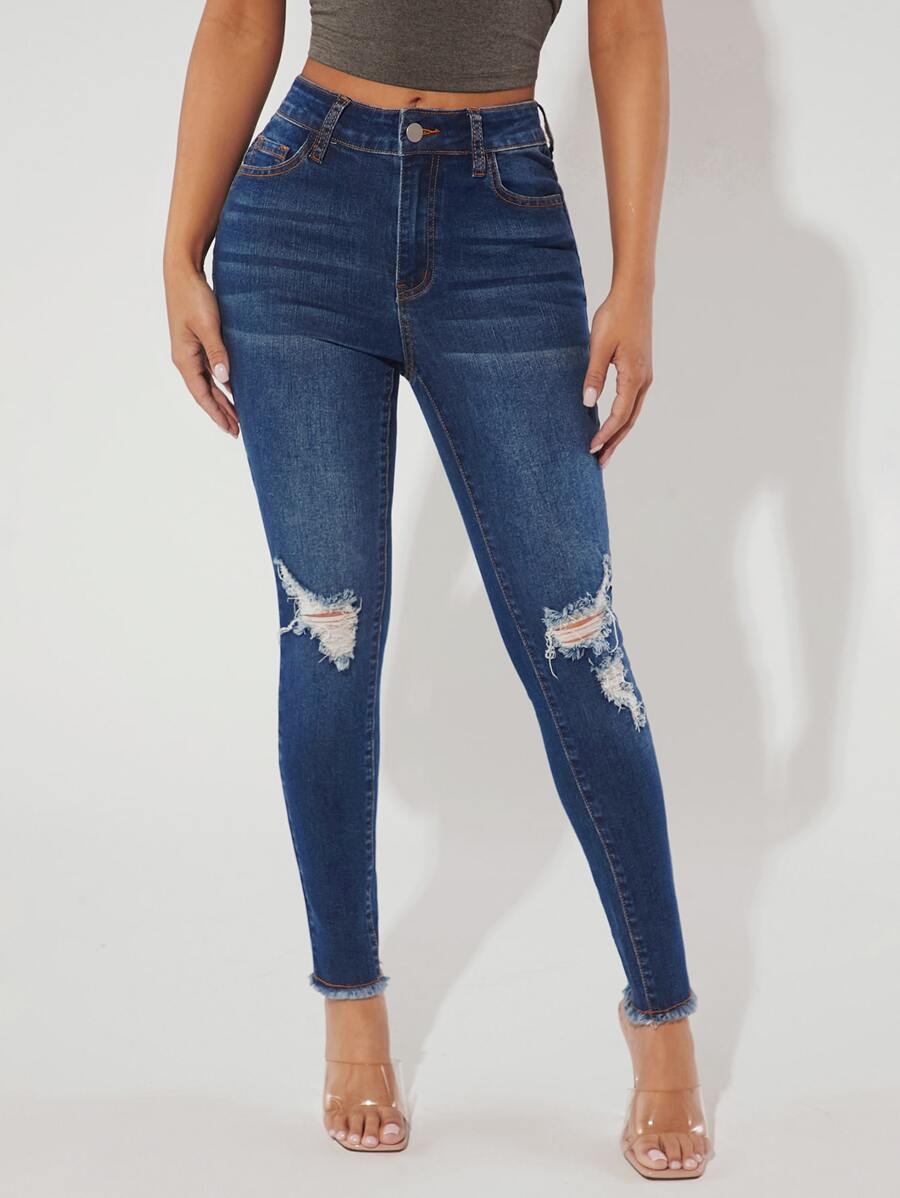 SHEIN PETITE Ripped Raw Hem Skinny Jeans - Dark Wash - View 1
