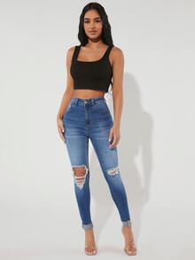 SHEIN PETITE High Waist Ripped Skinny Jeans - Medium Wash - View 3