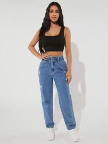 SHEIN PETITE High Waist Ripped Mom Fit Jeans - Medium Wash - View 3