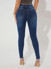 SHEIN PETITE Ripped Raw Hem Skinny Jeans - Dark Wash - View 2