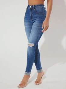 SHEIN PETITE High Waist Ripped Skinny Jeans - Medium Wash - View 4