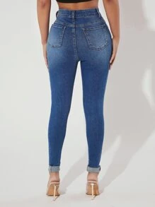 SHEIN PETITE High Waist Ripped Skinny Jeans - Medium Wash - View 5