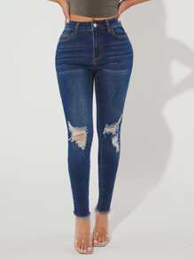 SHEIN PETITE Ripped Raw Hem Skinny Jeans - Dark Wash - View 3