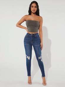 SHEIN PETITE Ripped Raw Hem Skinny Jeans - Dark Wash - View 4