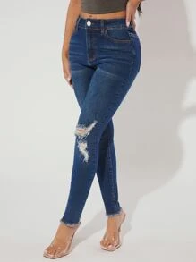 SHEIN PETITE Ripped Raw Hem Skinny Jeans - Dark Wash - View 5