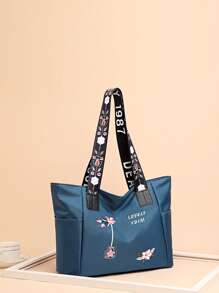 Flower & Letter Graphic Shoulder Tote Bag - Blue - View 1