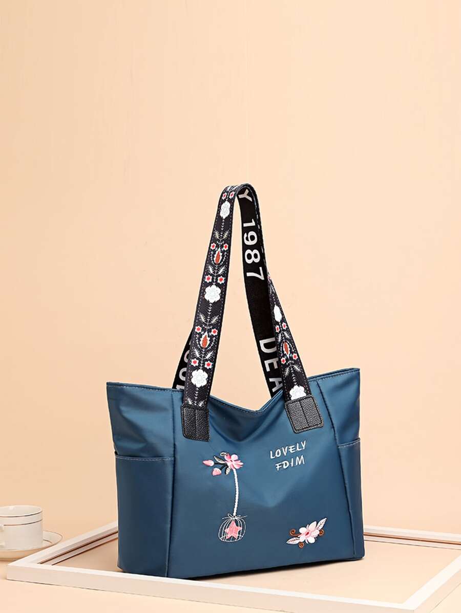 Flower & Letter Graphic Shoulder Tote Bag - Blue - View 1