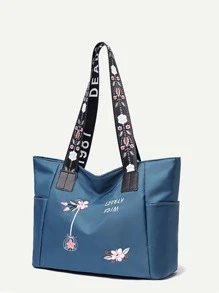 Flower & Letter Graphic Shoulder Tote Bag - Blue - View 2