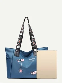 Flower & Letter Graphic Shoulder Tote Bag - Blue - View 3