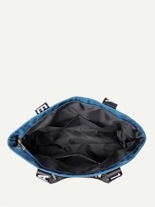 Flower & Letter Graphic Shoulder Tote Bag - Blue - View 5