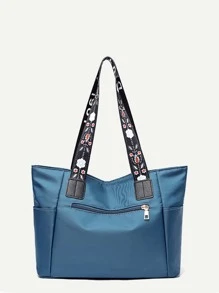 Flower & Letter Graphic Shoulder Tote Bag - Blue - View 6