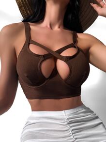 Rib Cut-out Underwire Bikini Top - Chocolate Brown - View 1