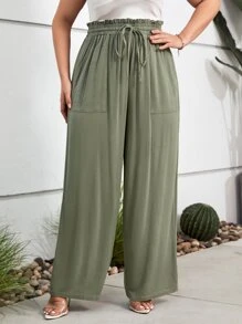 SHEIN LUNE Plus Drawstring Waist Wide Leg Pants - Army Green - View 2