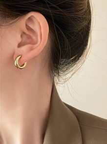 素色極簡風格圓耳環 - 金黃色 - 查看 1