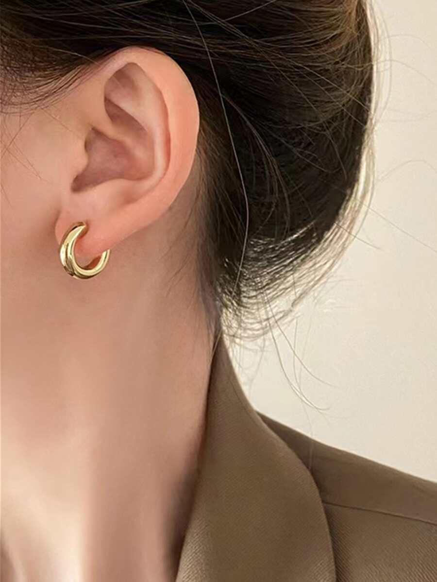 素色極簡風格圓耳環 - 金黃色 - 查看 1