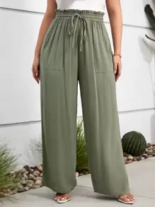 SHEIN LUNE Plus Drawstring Waist Wide Leg Pants - Army Green - View 6