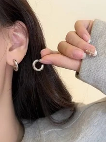 素色極簡風格圓耳環 - 銀色 - 查看 1