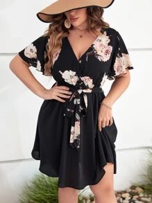 SHEIN Clasi 大碼印花蝴蝶袖繫腰帶洋裝