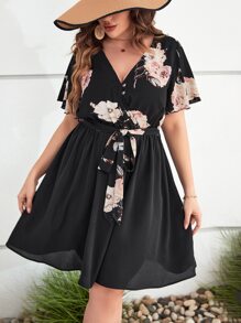 SHEIN Clasi 大碼印花蝴蝶袖繫腰帶洋裝