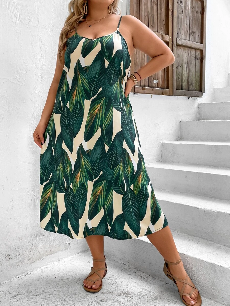 SHEIN VCAY Đầm Plus Size Tách cao Nhiệt đới Boho - Nhiều màu - Xem 1