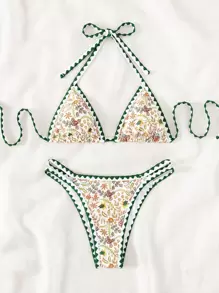 Swim Mod 夏季沙灘植物印花三角比基尼套裝 - 彩色 - 查看 1