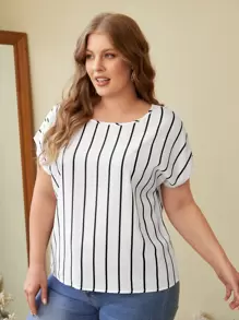 SHEIN LUNE Áo cánh dơi in sọc Plus cho mùa hè - trắng - Xem 4